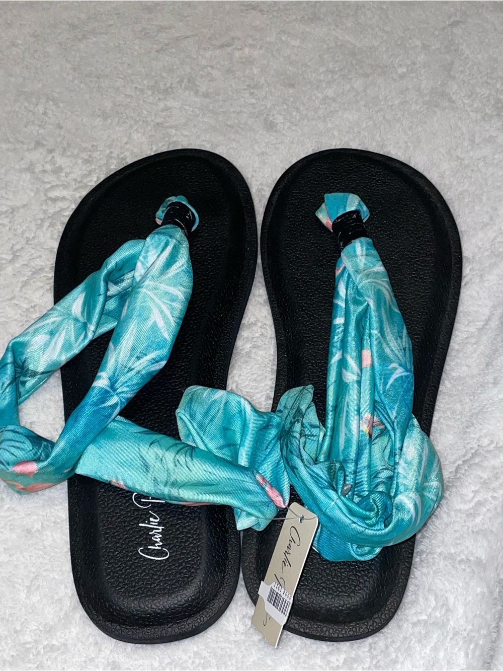 Charlie Paige Turquoise Tropical Fabric Twist Sandal with Black Sole